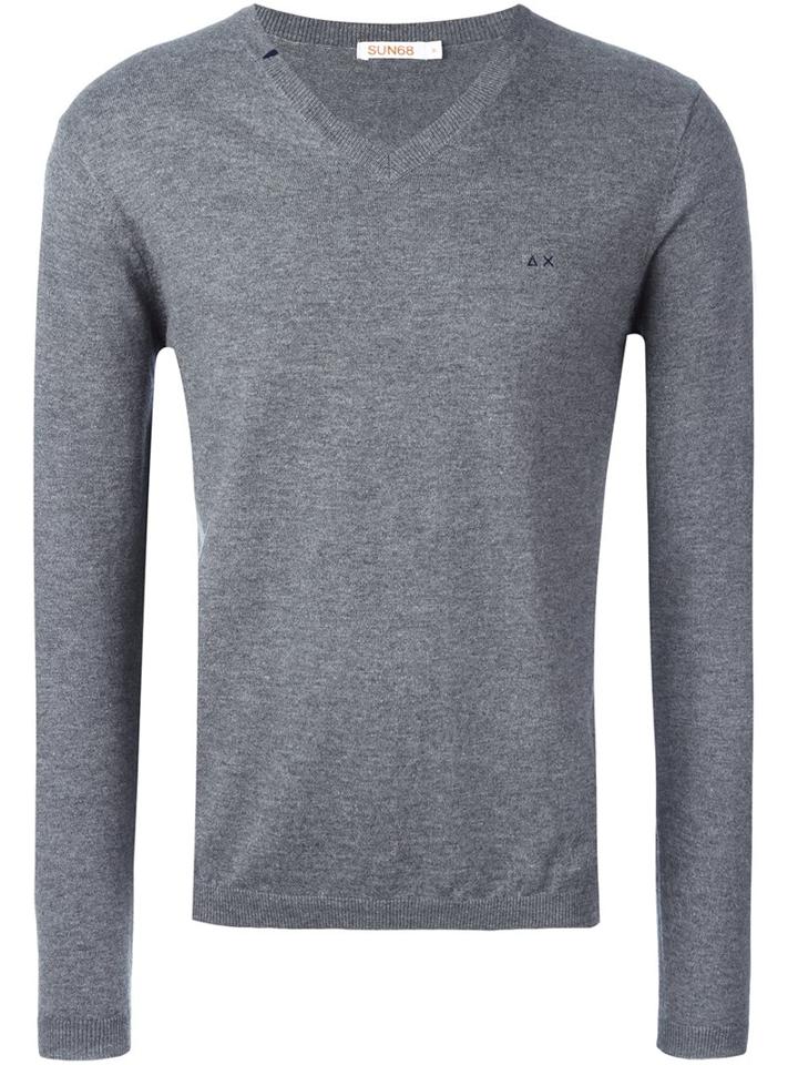 Sun 68 Neck Contrast Jumper, Men's, Size: Medium, Grey, Cotton/wool