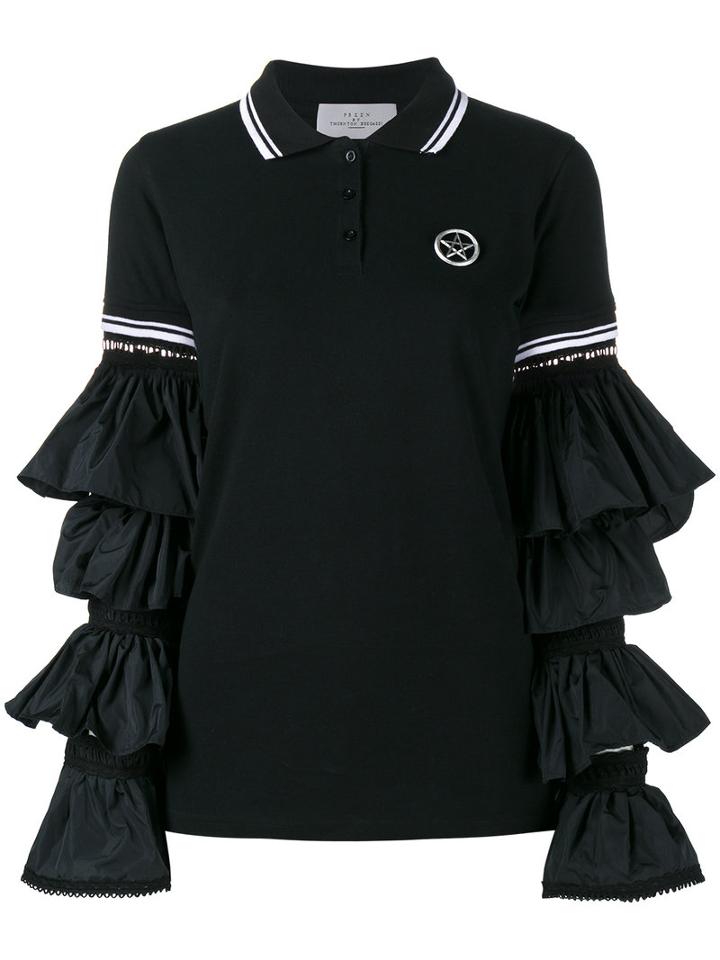 Preen By Thornton Bregazzi - Ruffle Sleeve Polo Shirt - Women - Cotton/polyamide - M, Black, Cotton/polyamide