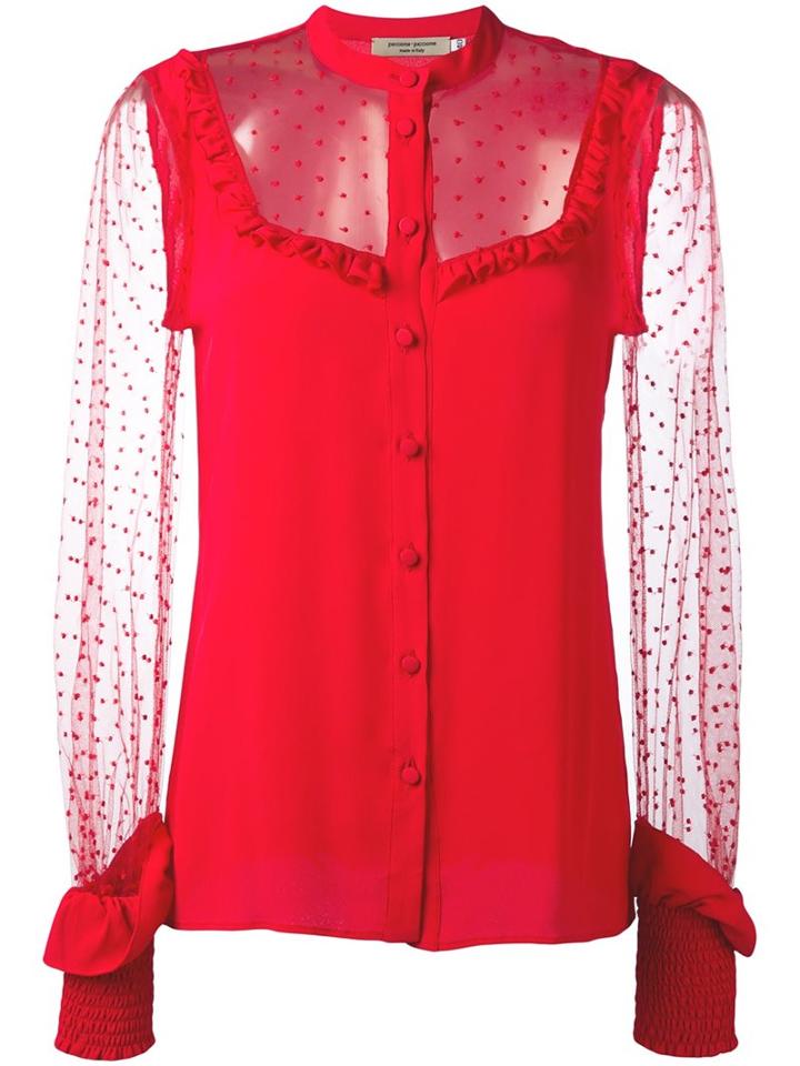 Piccione. Piccione Sheer Panel Ruffle Trim Blouse