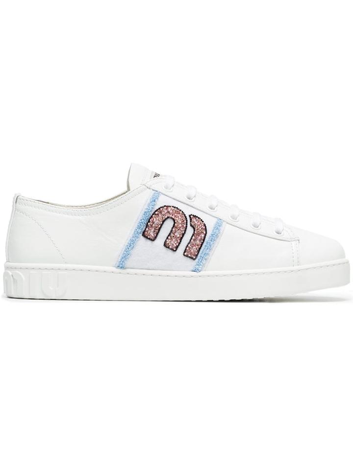 Miu Miu White, Pink And Blue Glitter Logo Leather Sneakers