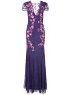 Marchesa Notte Plunge Back Floral Dress - Pink & Purple