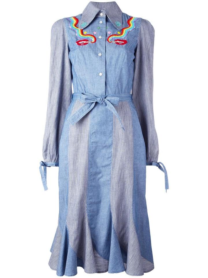 Smoking Lips Beaded Shirt Dress, Women's, Size: 38, Blue, Cotton, Olympia Le-tan