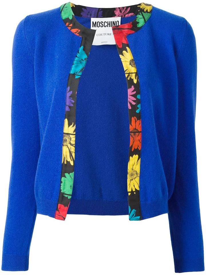 Moschino Floral Trim Cardigan, Women's, Size: 48, Blue, Silk/cashmere