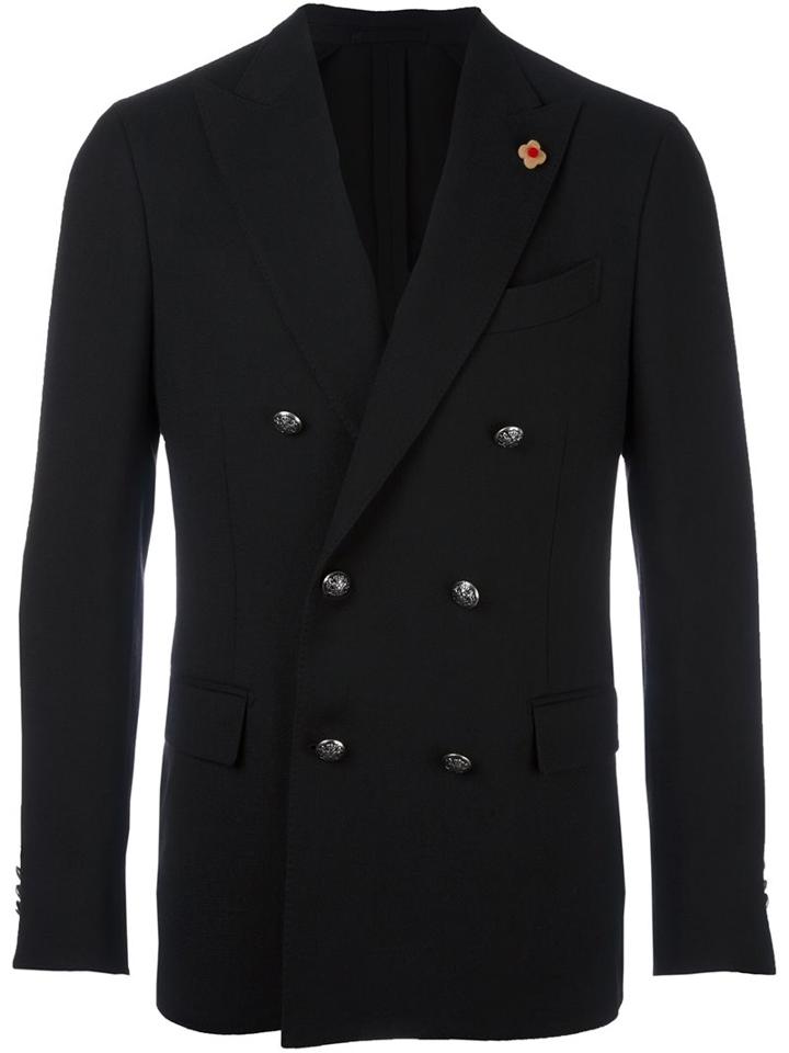 Lardini Double Breasted Blazer, Men's, Size: 50, Black, Cotton/spandex/elastane/viscose/cupro
