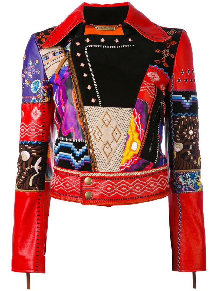 Roberto Cavalli - Patchwork Biker Jacket - Women - Silk/lamb Skin - 40, Red, Silk/lamb Skin