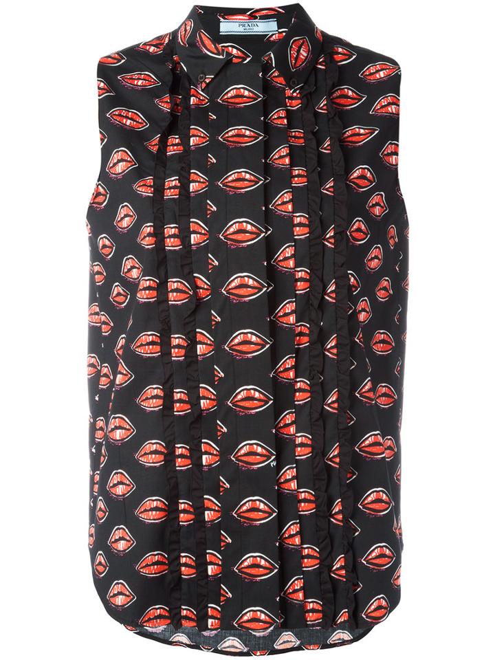 Prada Lip Print Blouse, Women's, Size: 40, Black, Cotton/spandex/elastane
