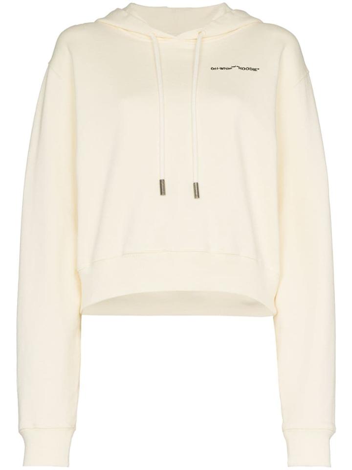 Off-white White Logo Embroidered Cropped Long Sleeve Cotton Hoodie