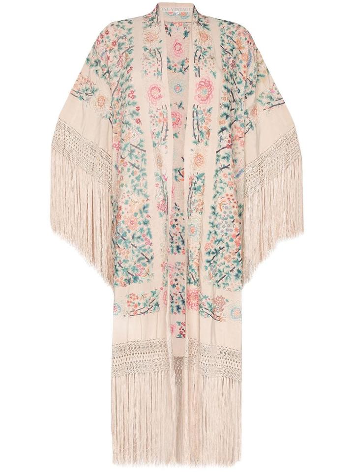 One Pre-owned Floral-embroidered Fringed Kimono - Multicolour