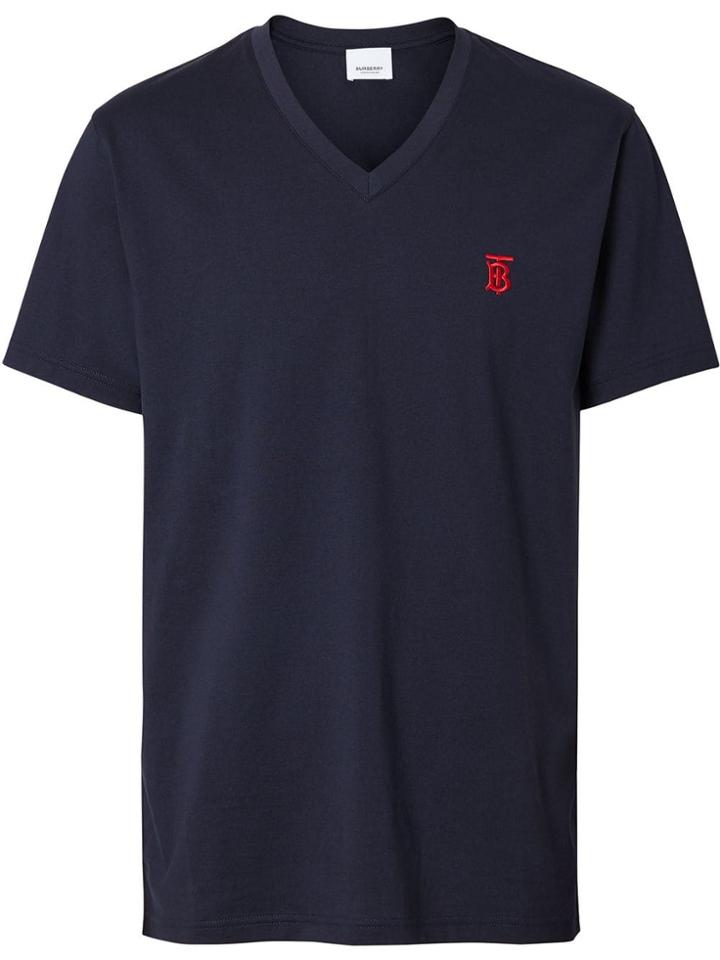 Burberry Monogram Motif Cotton V-neck T-shirt - Blue
