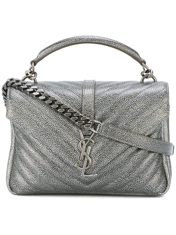 Saint Laurent Small Monogram Collège Satchel Bag, Women's, Grey, Lamb Skin