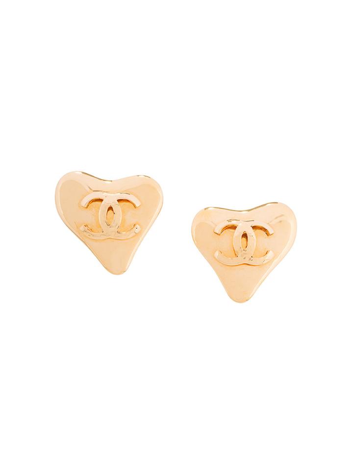 Chanel Vintage Large Cc Heart Earrings - Metallic