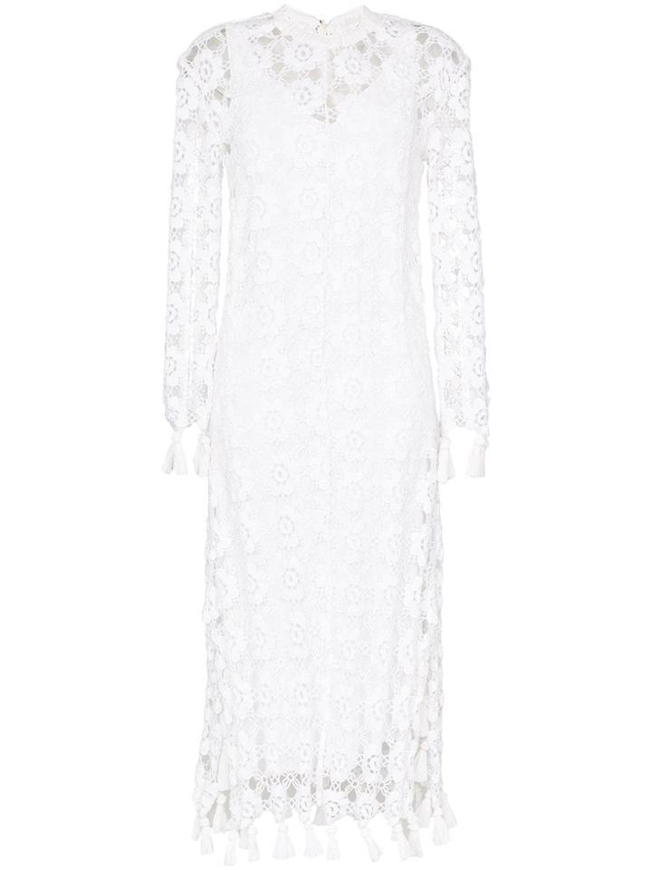 Chloé Floral Crochet Fringed Midi Dress - White