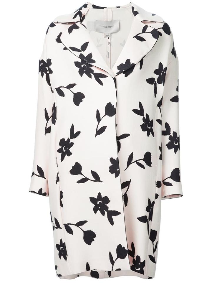 Carolina Herrera Floral Print Coat, Women's, Size: 10, White, Virgin Wool