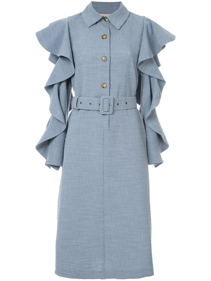Liya Belted Dress With Cut Out Frill Trim Sleeves - Blue