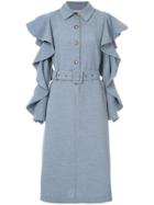 Liya Belted Dress With Cut Out Frill Trim Sleeves - Blue