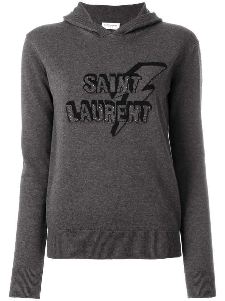Saint Laurent Branded Knit Hoodie - Grey