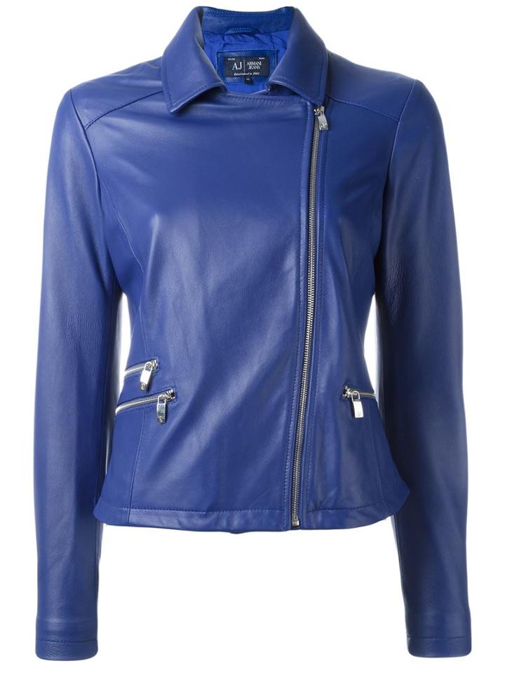 Armani Jeans Biker Jacket, Women's, Size: 44, Blue, Calf Leather/acetate/polyester