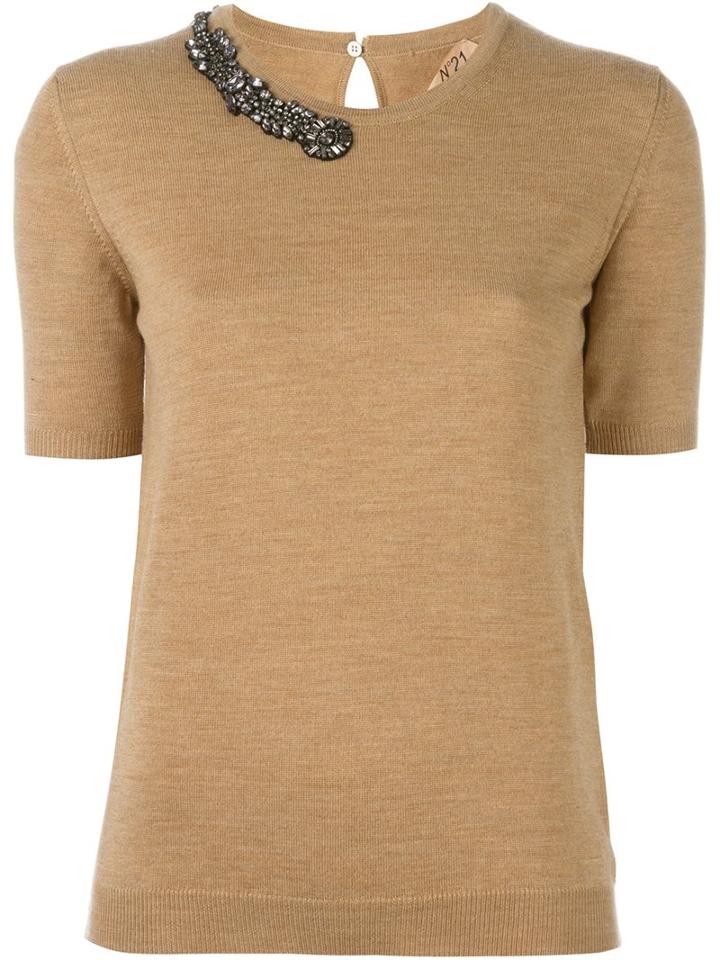 No21 Knitted T-shirt, Women's, Size: 40, Nude/neutrals, Pvc/virgin Wool/metal/glass