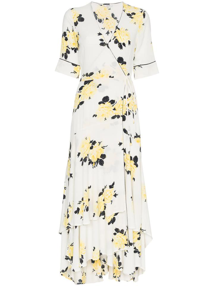 Ganni Nolanka V-neck Floral Print Silk Dress - White