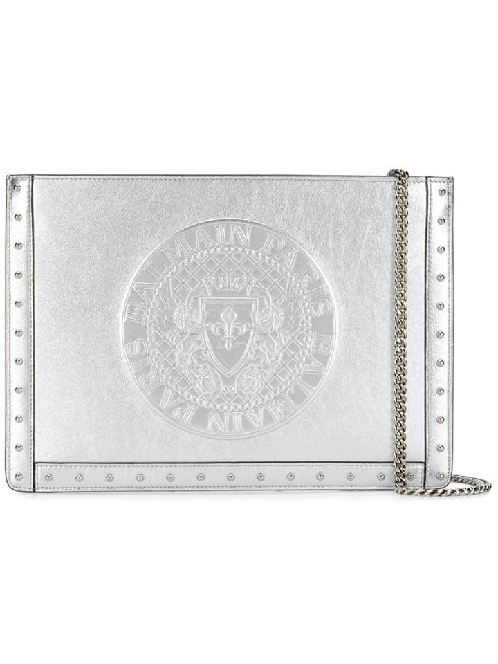Balmain Debossed Logo Clutch Bag - Silver