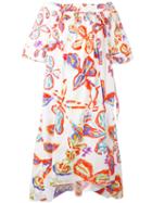 Peter Pilotto Floral Bardot Dress, Women's, Size: 12, White, Cotton/spandex/elastane