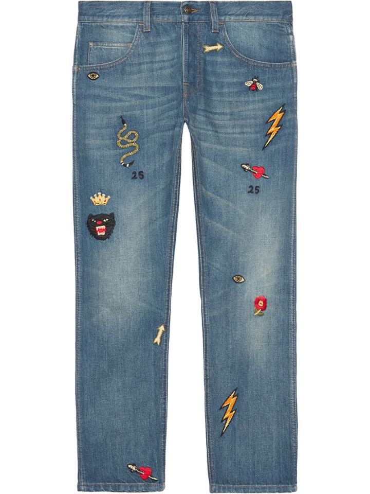 Gucci Tapered Denim Pant With Symbols - Blue