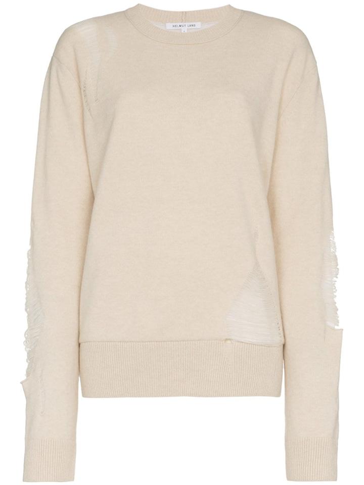 Helmut Lang Distressed Wool Blend Sweater - Neutrals