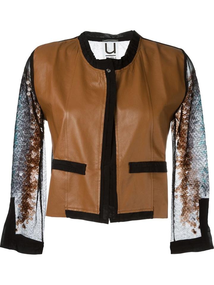 Aviù Contrast Trim Embellished Mesh Sleeve Cropped Jacket