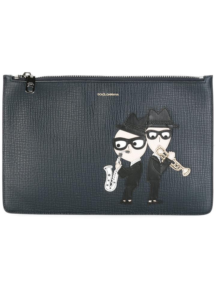 Dolce & Gabbana Designer's Patch Clutch, Men's, Blue, Calf Leather