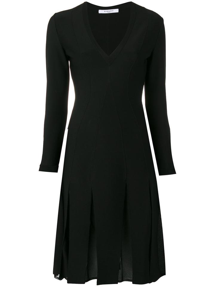 Givenchy Pleated Skirt V-neck Dress, Women's, Size: Small, Black, Spandex/elastane/viscose/polyamide