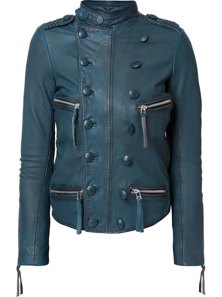 Faith Connexion Double-breasted Effect Biker Jacket, Women's, Size: 36, Blue, Acetate/calf Leather
