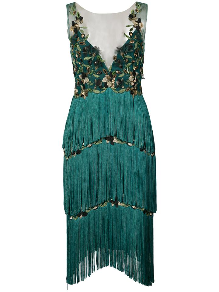 Marchesa Notte Fringed Appliqué Dress - Green