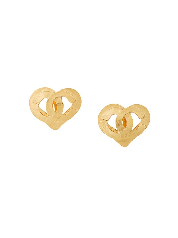 Chanel Vintage Heart Logo Earrings - Metallic