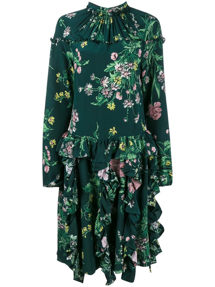 Rochas - Floral Print Gathered Dress - Women - Silk/cupro - 40, Green, Silk/cupro