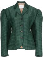 Pushbutton Check-print Puff-sleeve Cotton-blend Blazer - Green