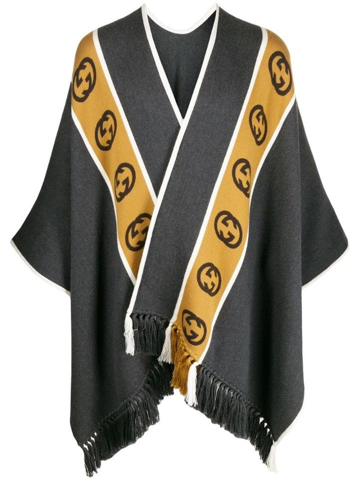 Gucci Wool Poncho With Interlocking G Stripe - Grey