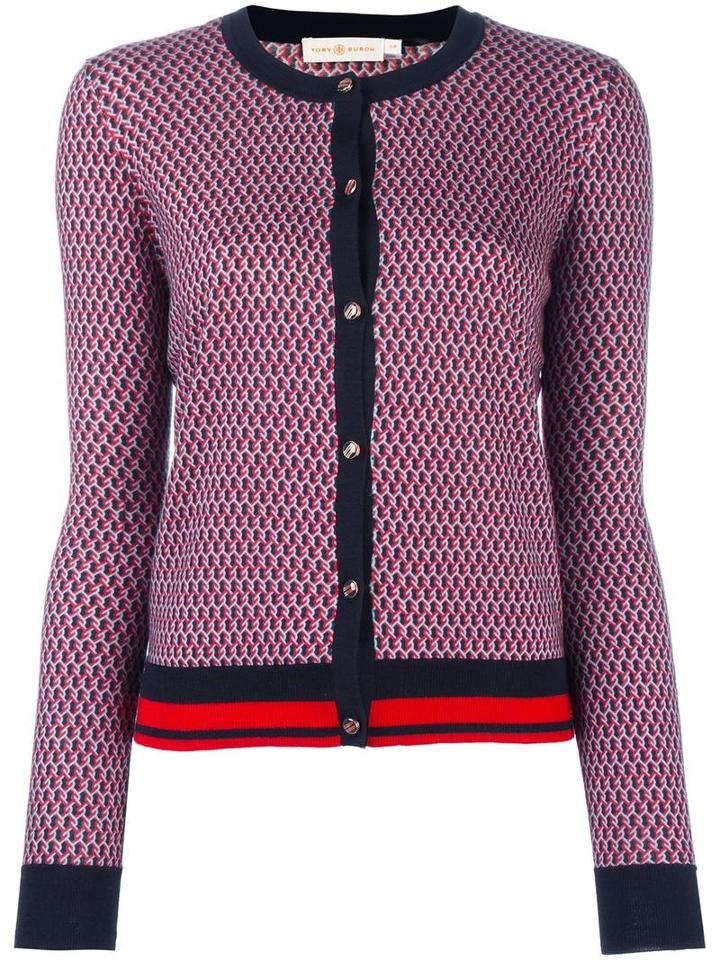 Tory Burch Patterned Round Neck Cardigan, Women's, Size: Large, Blue, Merino