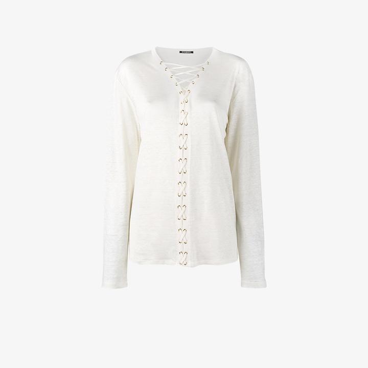 Balmain Lace-up Long Sleeve Top, Women's, Size: 40, White, Linen/flax