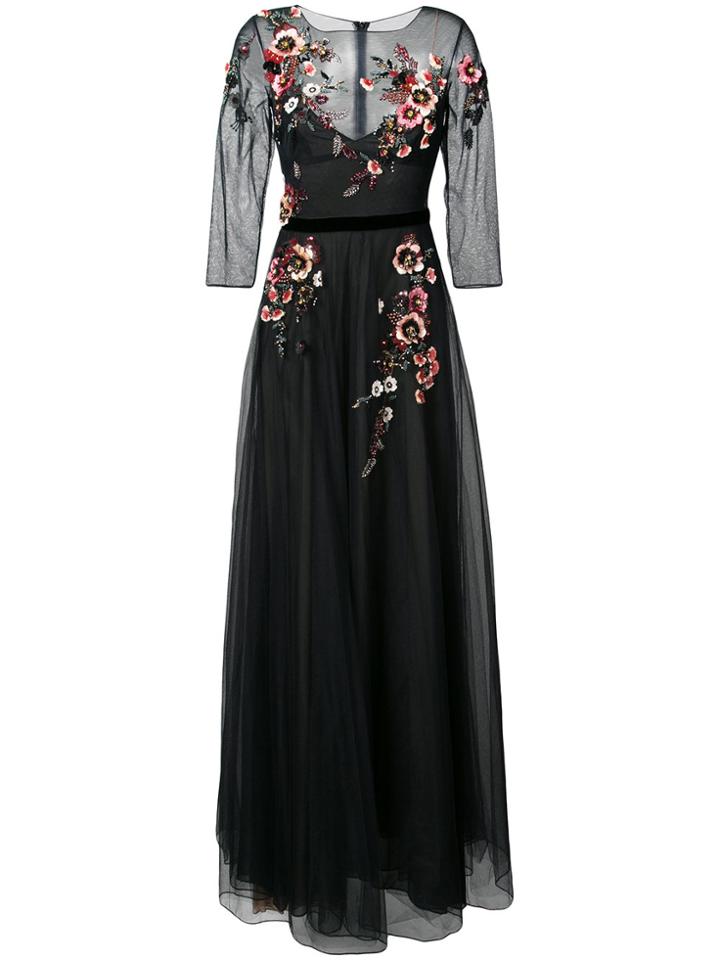 Marchesa Notte Embellished Floral Gown - Black