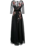 Marchesa Notte Embellished Floral Gown - Black
