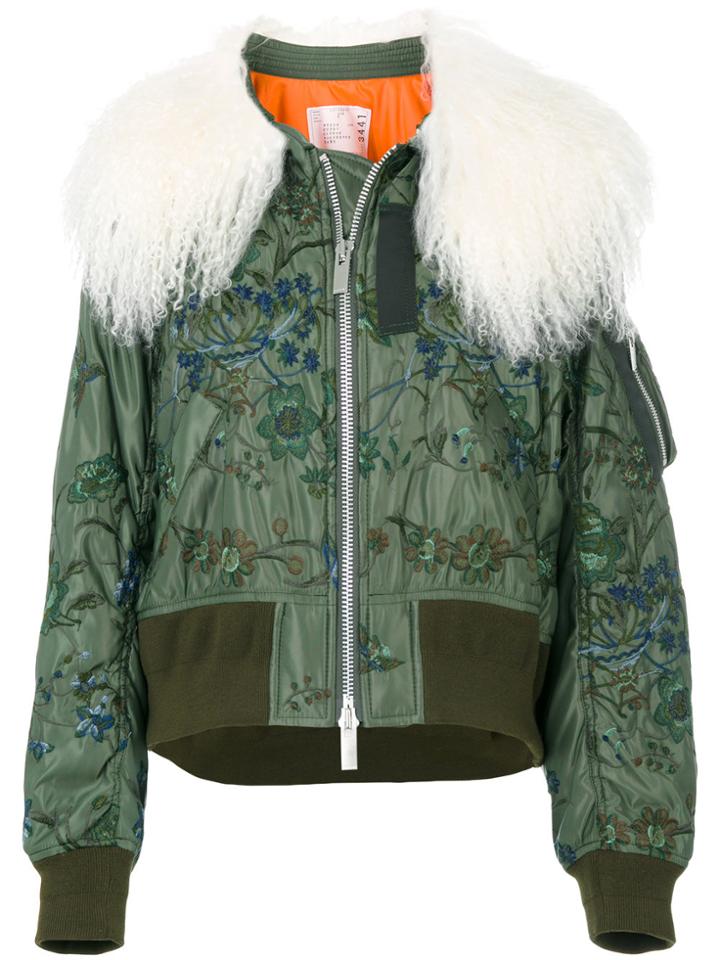 Sacai Shearling Cropped Bomber Jacket - Green
