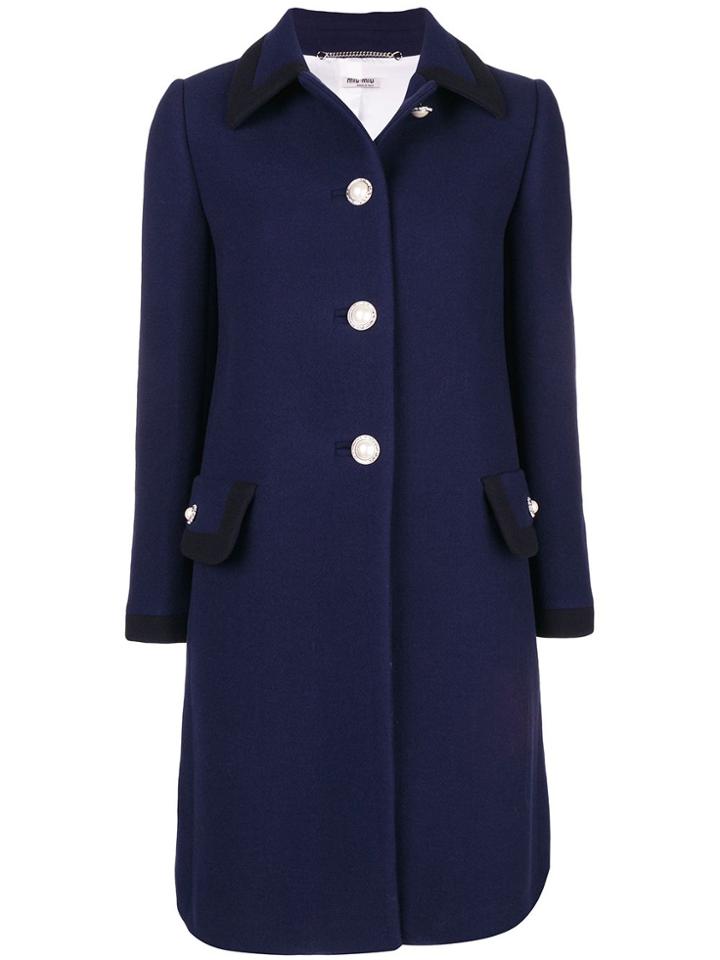 Miu Miu Button Embellished Contrast-trim Coat - Blue