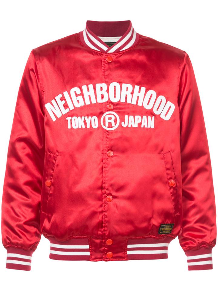 Neighborhood Slogan Print Bomber Jacket - Red