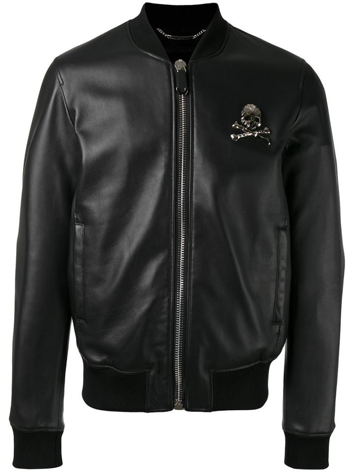 Philipp Plein Skull & Crossbones Bomber Jacket, Men's, Size: Xxxl, Black, Leather/polyester/viscose