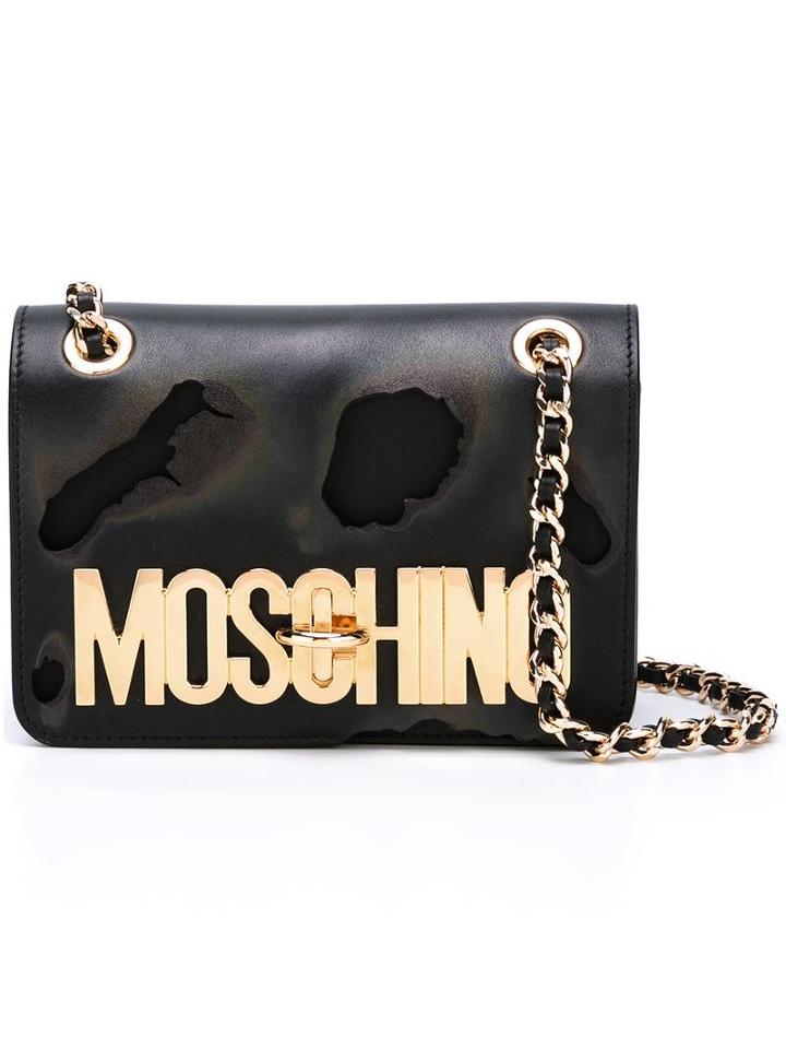 Moschino Burned Effect Shoulder Bag, Women's, Black, Calf Leather