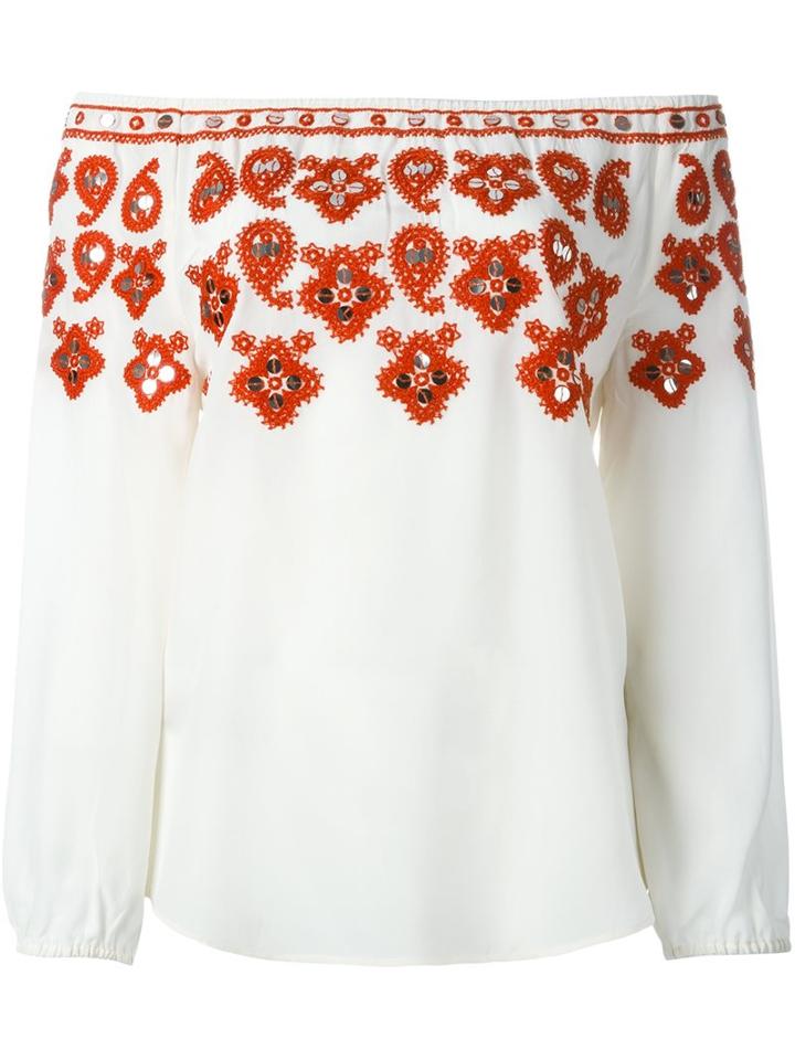 Tory Burch Embroidered Off Shoulder Blouse, Women's, Size: 2, Red, Silk/polyester