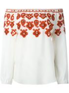 Tory Burch Embroidered Off Shoulder Blouse, Women's, Size: 2, Red, Silk/polyester