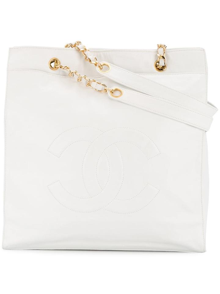 Chanel Vintage Jumbo Cc Chain Shoulder Tote Bag - White