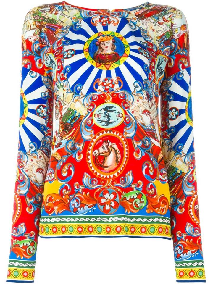Dolce & Gabbana Carretto Print Top, Women's, Size: 46, Red, Silk/spandex/elastane
