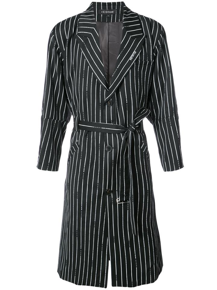 Icosae Pinstripe Belted Coat - Black
